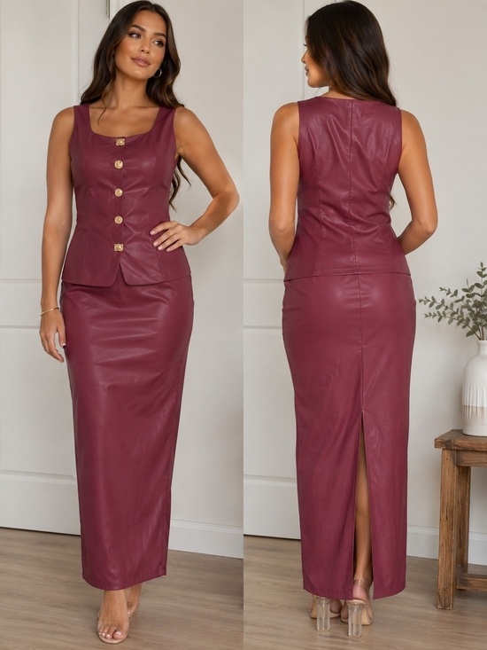 SILQUEE Dresses & Skirts - Faux Leather Burgundy Maxi Skirt Set with Buttoned Top
